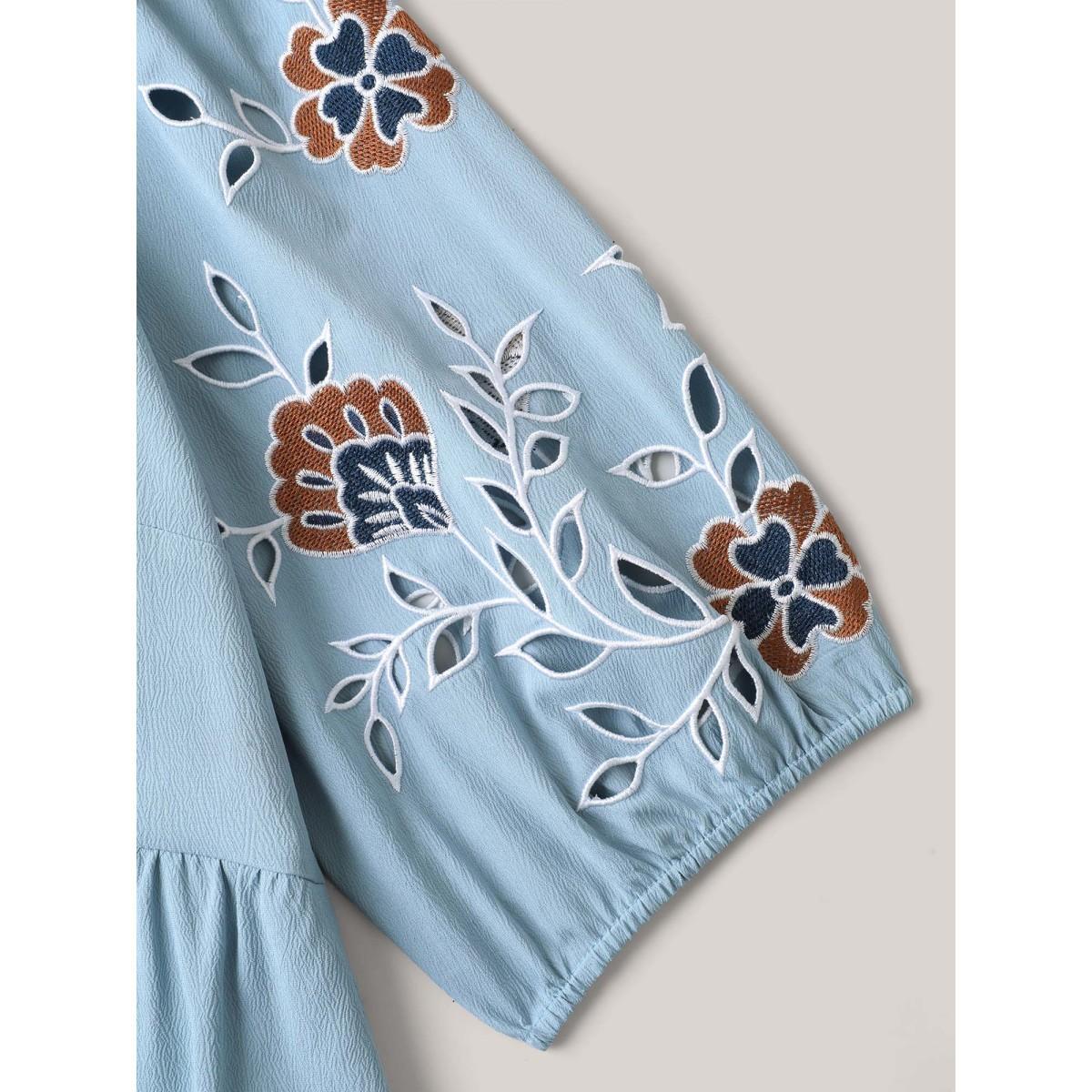 Plus Size Cut-Out Embroidery Stretchy Waist Midi Dress Skyblue Women V-neck Half Sleeve Curvy BloomChic 22-24/3X Product Image