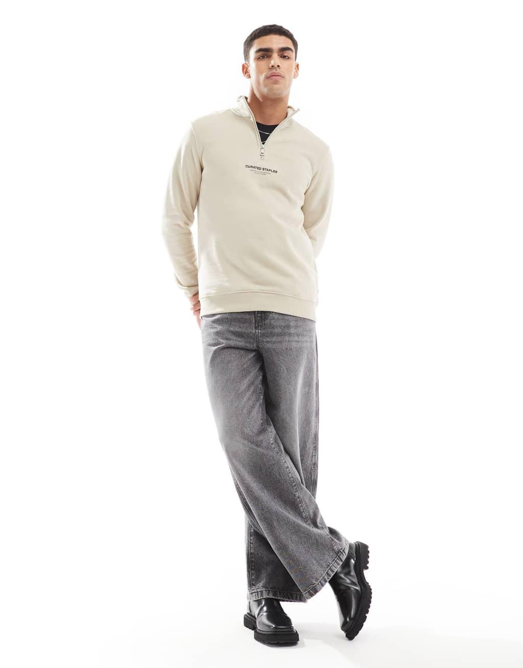 ONLY & SONS curated high neck 1/4 zip sweater in stone Product Image