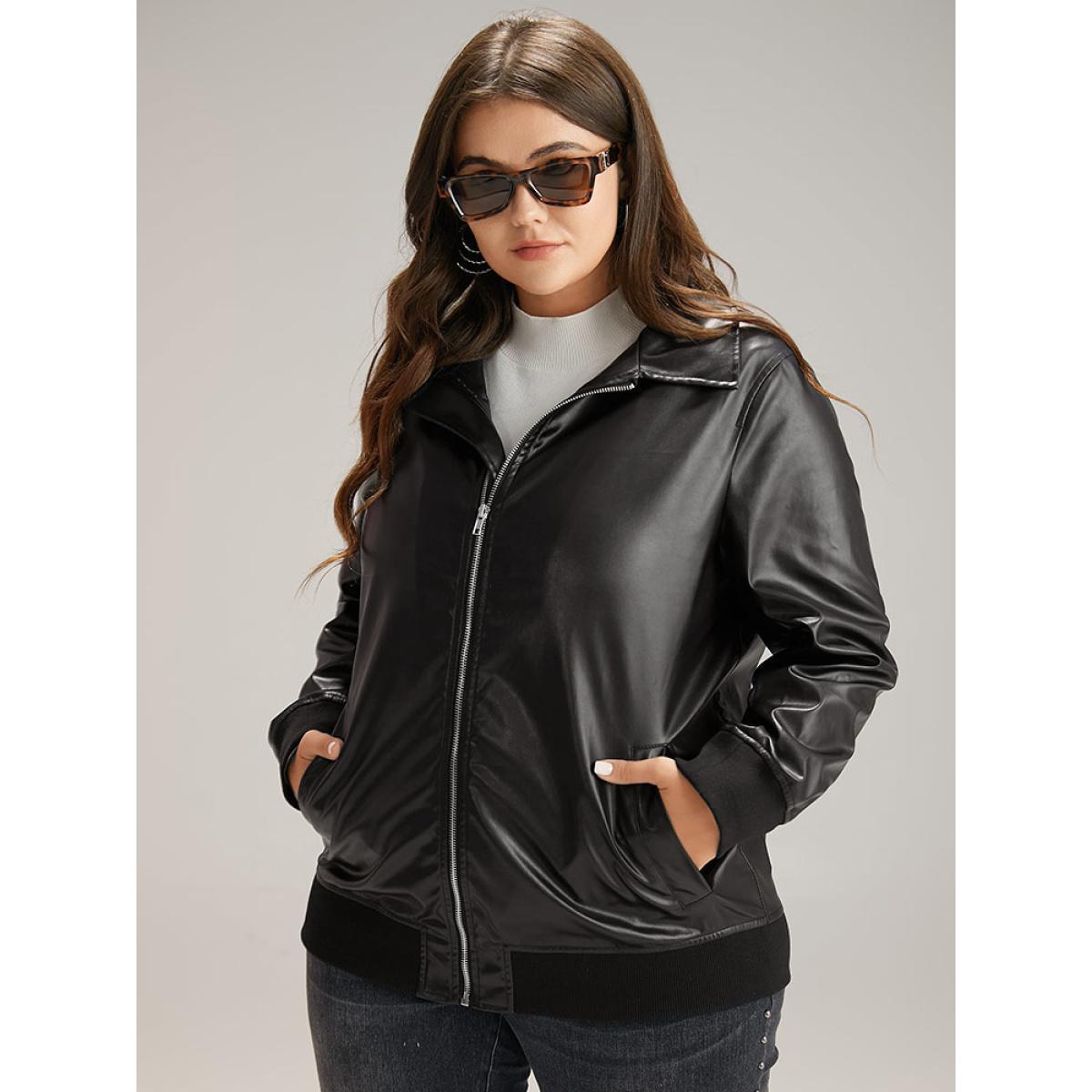 Plus Size Plain Zipper Fly Rib Knit Patchwork Jacket Women Black Elastic cuffs Pocket Dailywear Jackets BloomChic 28/5X Product Image