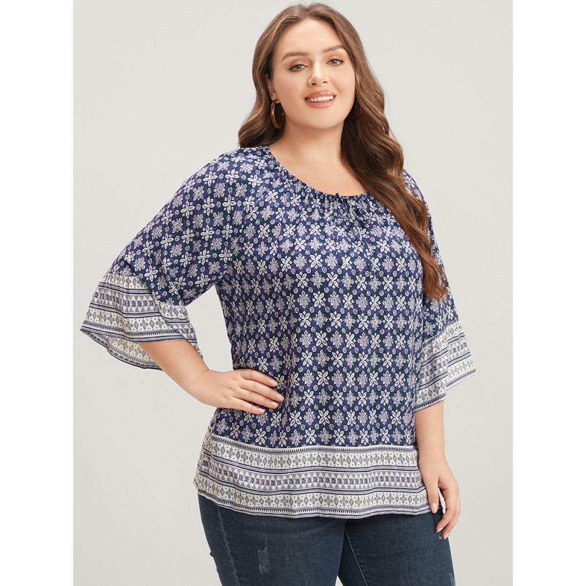Plus Size Eggplant Floral Print Bell Sleeve Knotted Round Neck Blouse Women Vacation Elbow-length sleeve Round Neck Dailywear Blouses BloomChic 12/L Product Image
