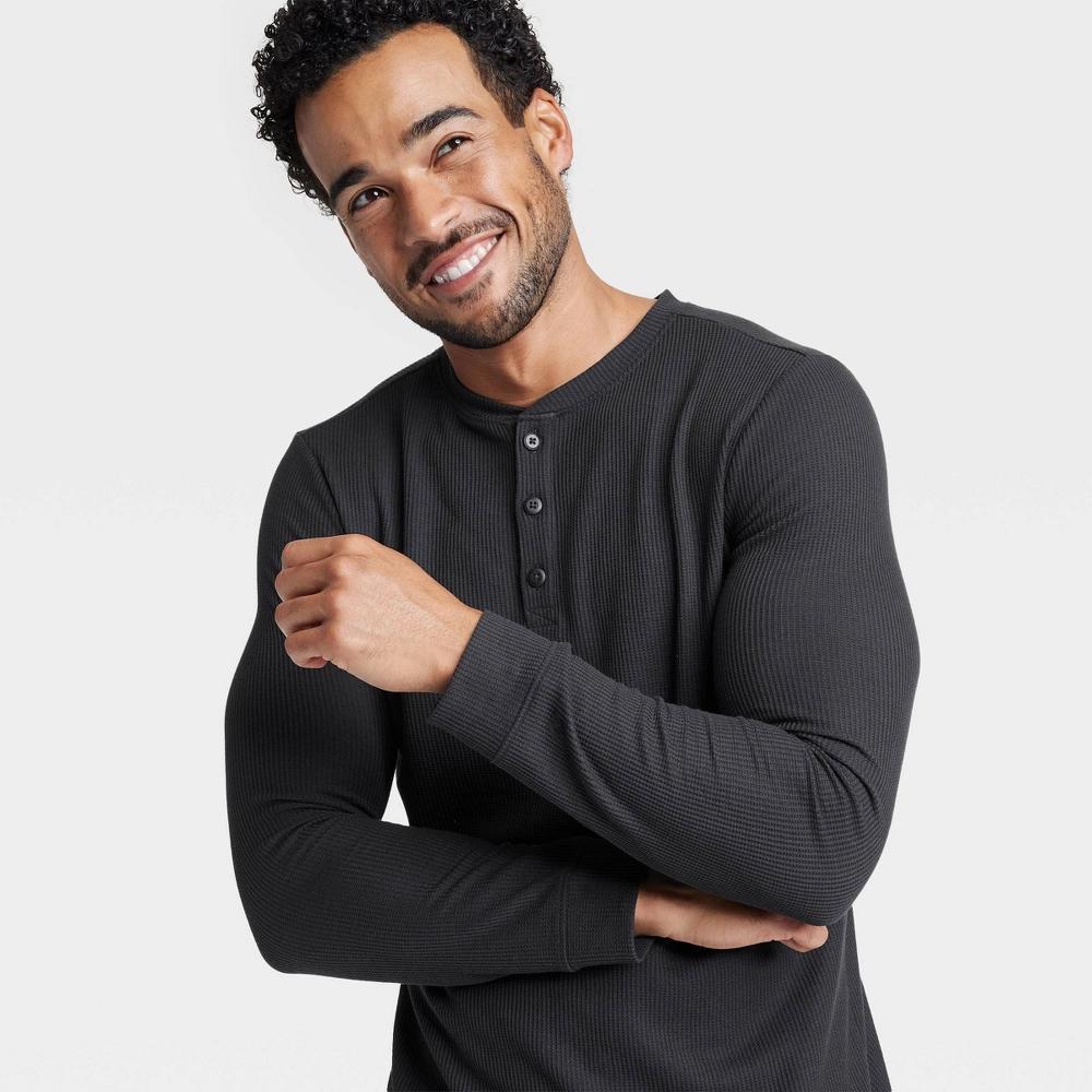 Mens Long Sleeve Waffle Henley Top - All In Motion Black XXL Product Image