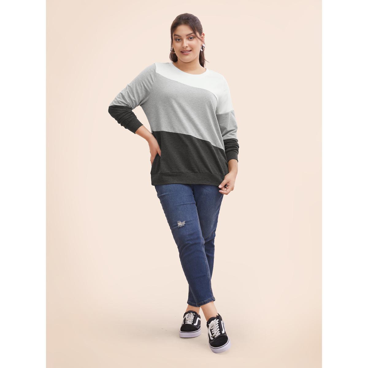 Plus Size Crew Neck Colorblock Contrast Sweatshirt Women DimGray Casual Contrast Round Neck Everyday Sweatshirts BloomChic 30/6X Product Image