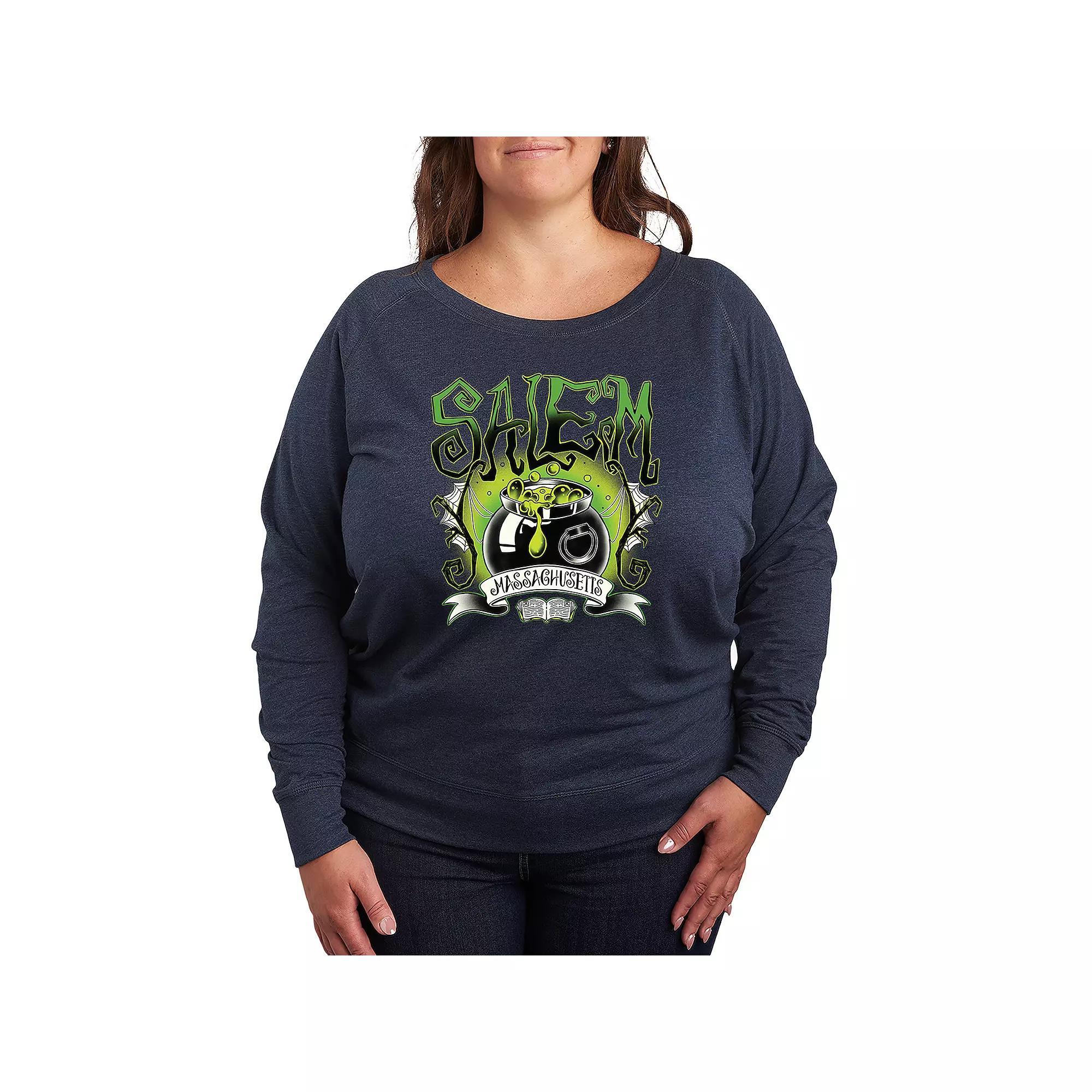 Plus Size Salem Witchy Collegiate French Terry Long Sleeve Tee, Womens Grey Blue Product Image