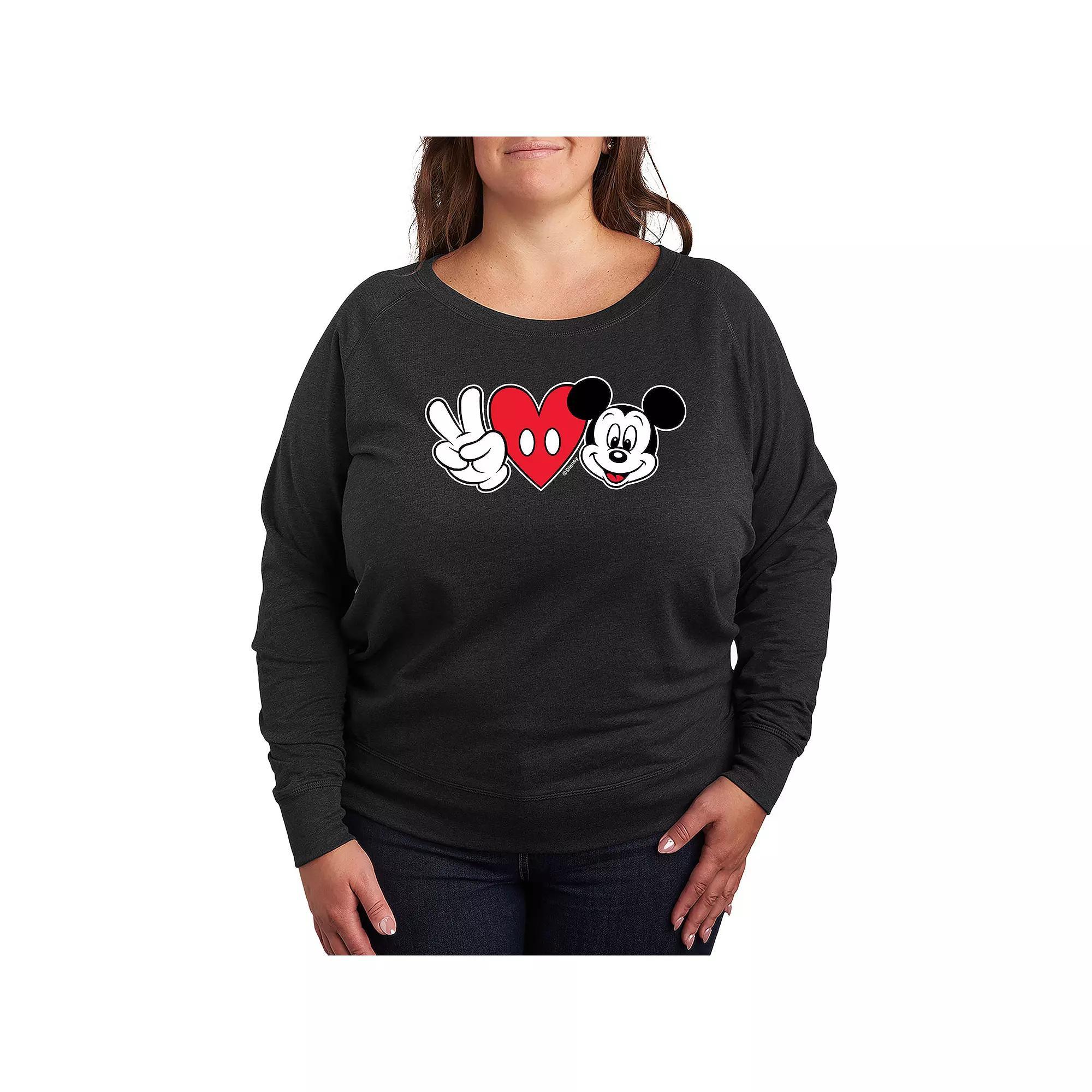 Disneys Mickey Mouse Plus Size Peace Love French Terry Long Sleeve Tee, Womens Heather Grey Product Image
