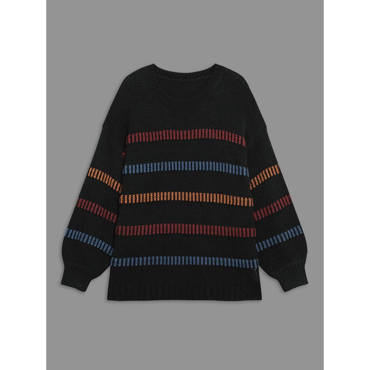 Plus Size Multi-Color Stripes Textured Crew Neck Pullover Black Women Casual Loose Long Sleeve Round Neck Everyday Pullovers BloomChic 18-20/2X Product Image