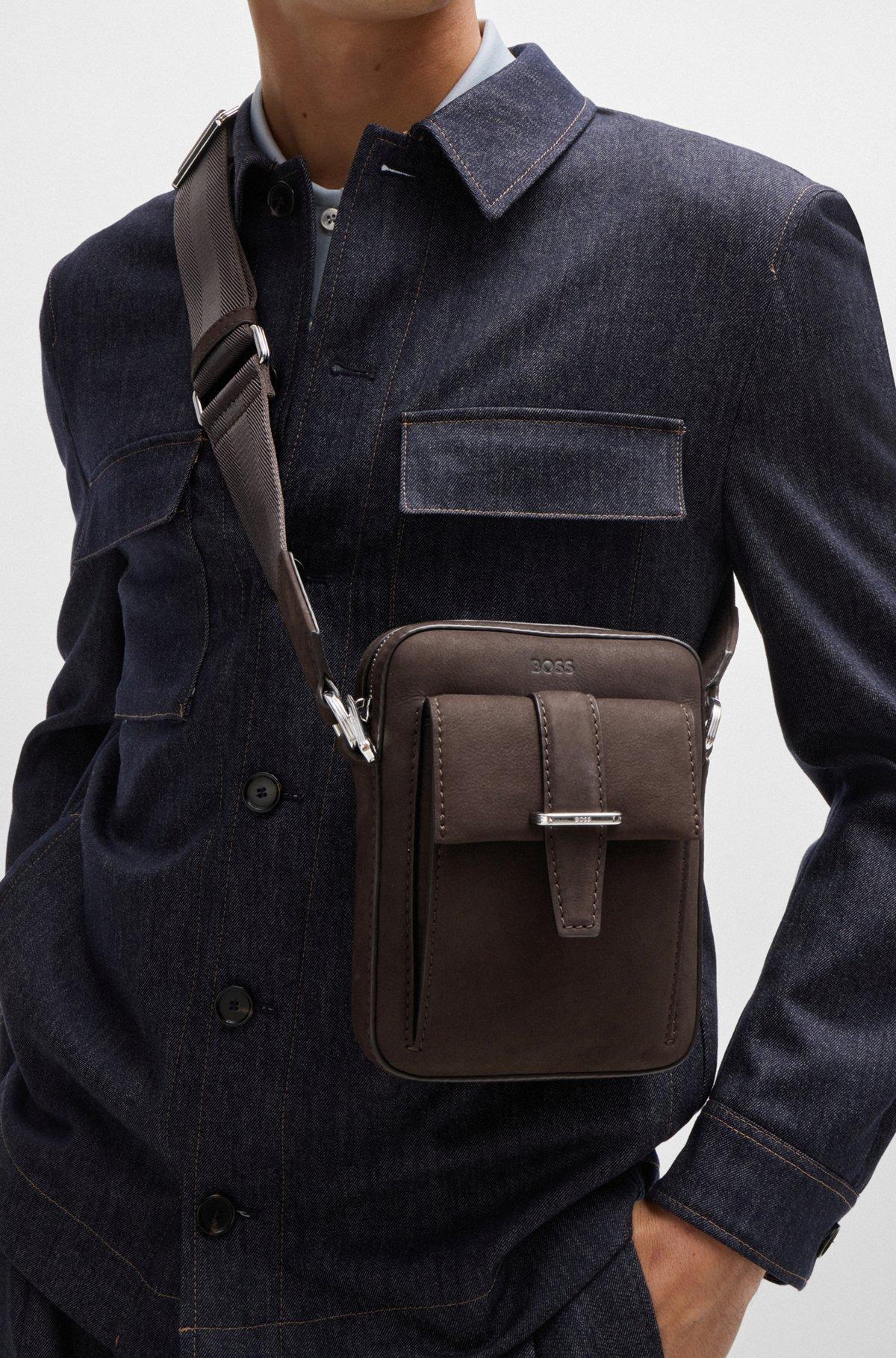 Leather reporter bag with branded trims Product Image