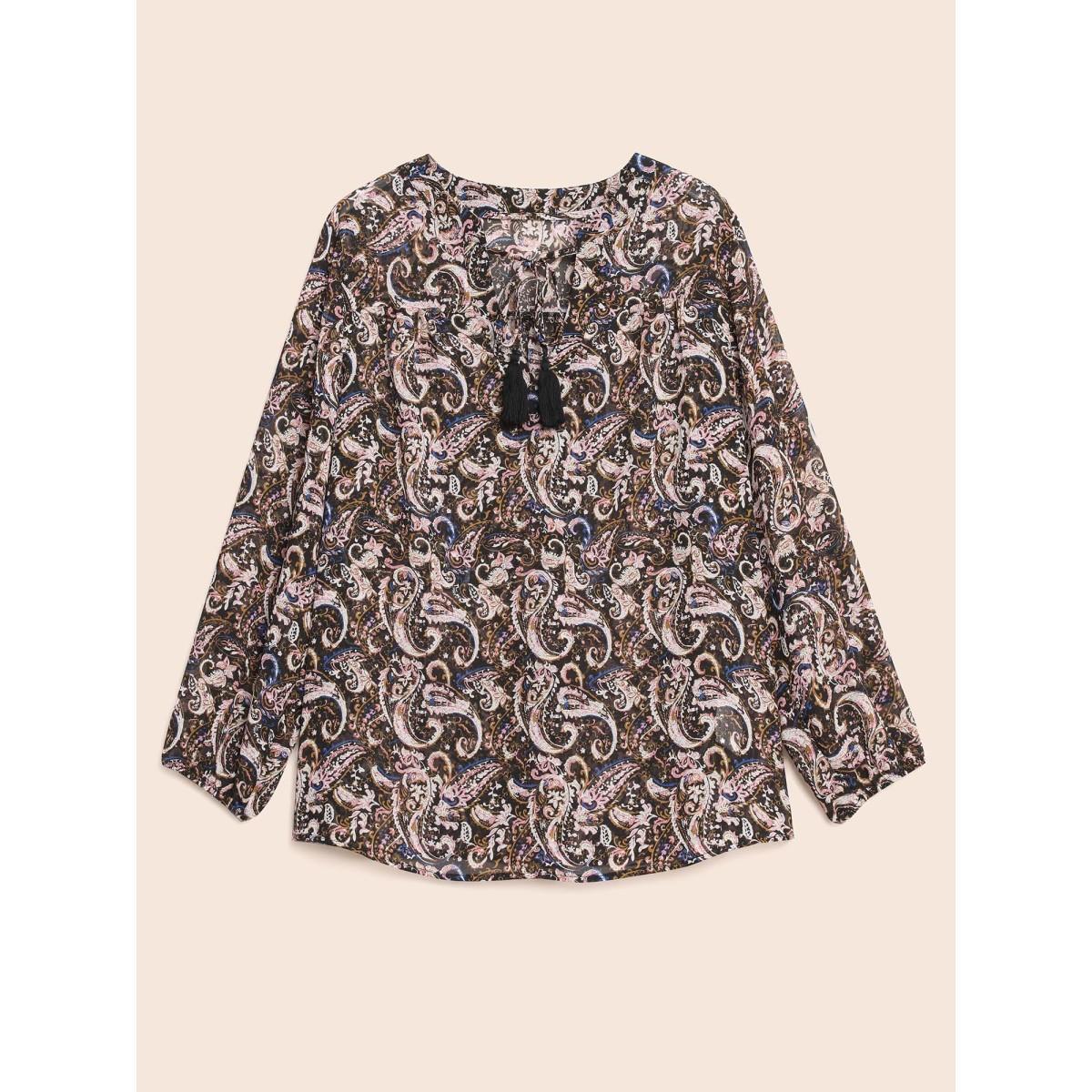 Plus Size Black Chiffon Paisley Tassels Tie Knot Blouse Women Resort Long Sleeve V-neck Vacation Blouses BloomChic 28/5X Product Image