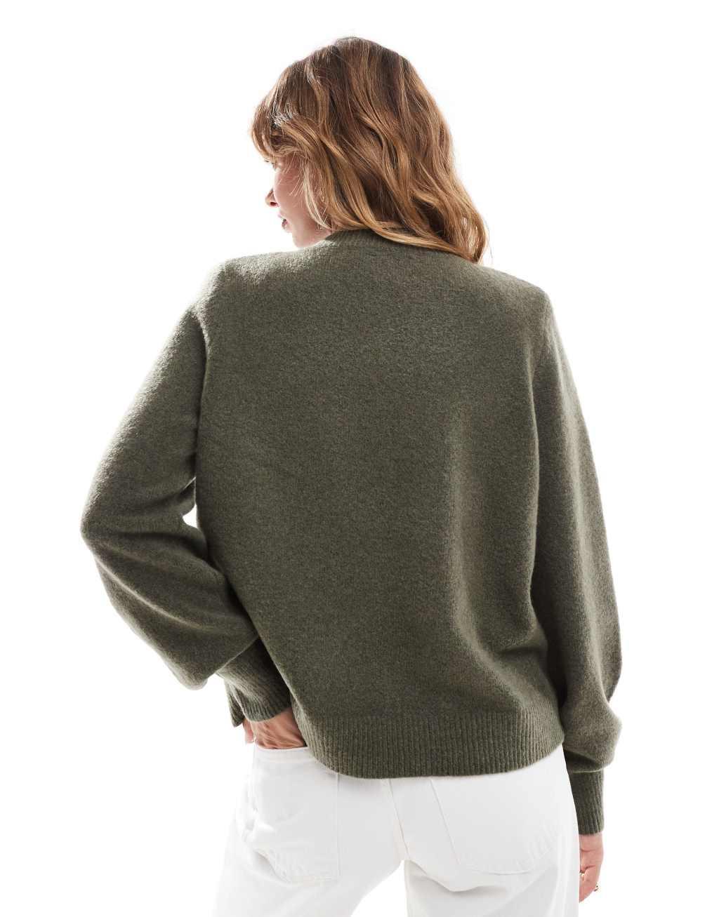 ASOS DESIGN compact crew neck sweater with shoulder pads in khaki Product Image