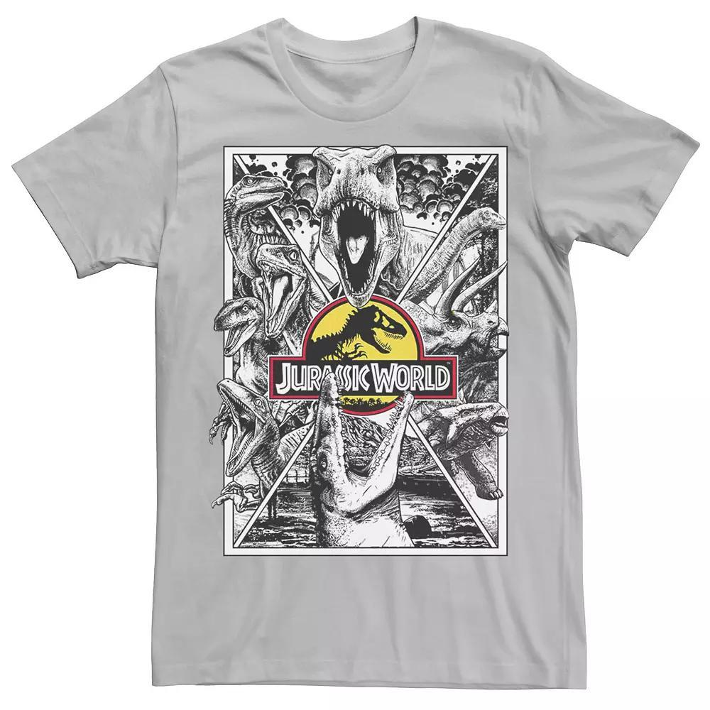 Mens Jurassic Park Collage Poster Tee Red Grey Product Image