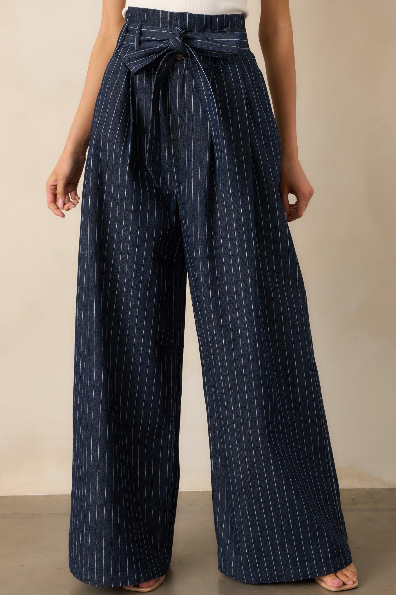 So In Sync Dark Wash Pinstripe Wide Leg Jeans Product Image