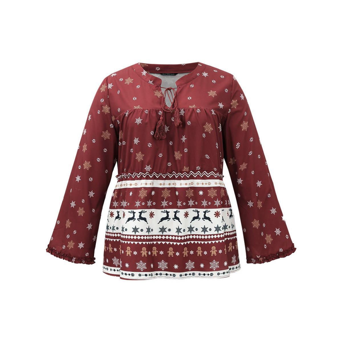 Plus Size Scarlet Christmas Print Tassels Ties Blouse Women Elegant Long Sleeve Tie Neck Festival-Christmas Blouses BloomChic 30/6X Product Image