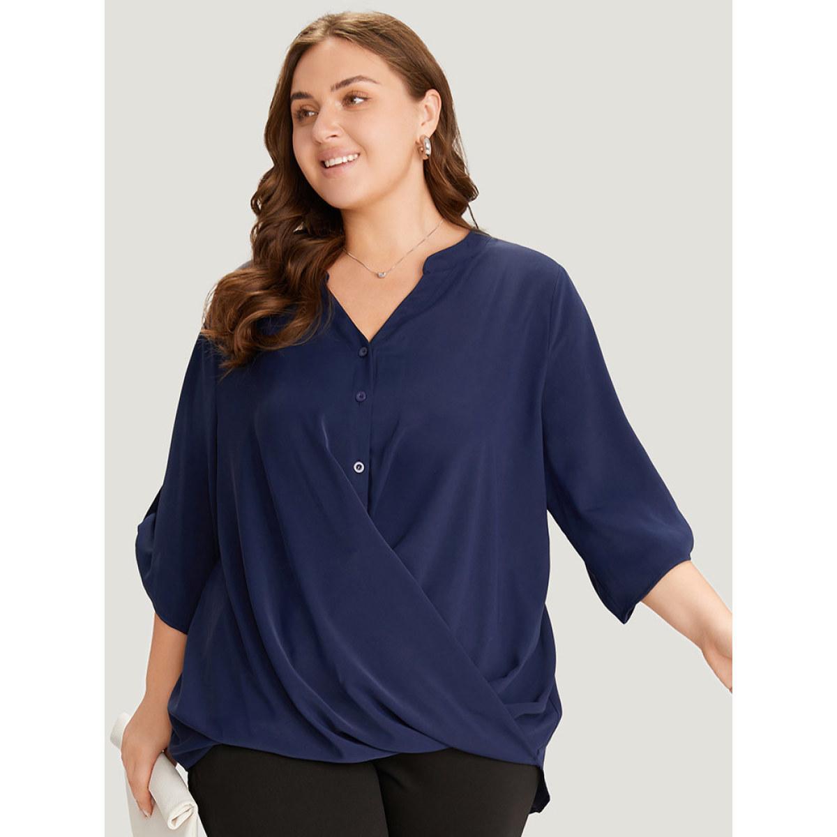 Plus Size Indigo Solid Button Up Notched Crossover Hem Blouse Women Office Elbow-length sleeve Notched collar Work Blouses BloomChic 30/6X Product Image