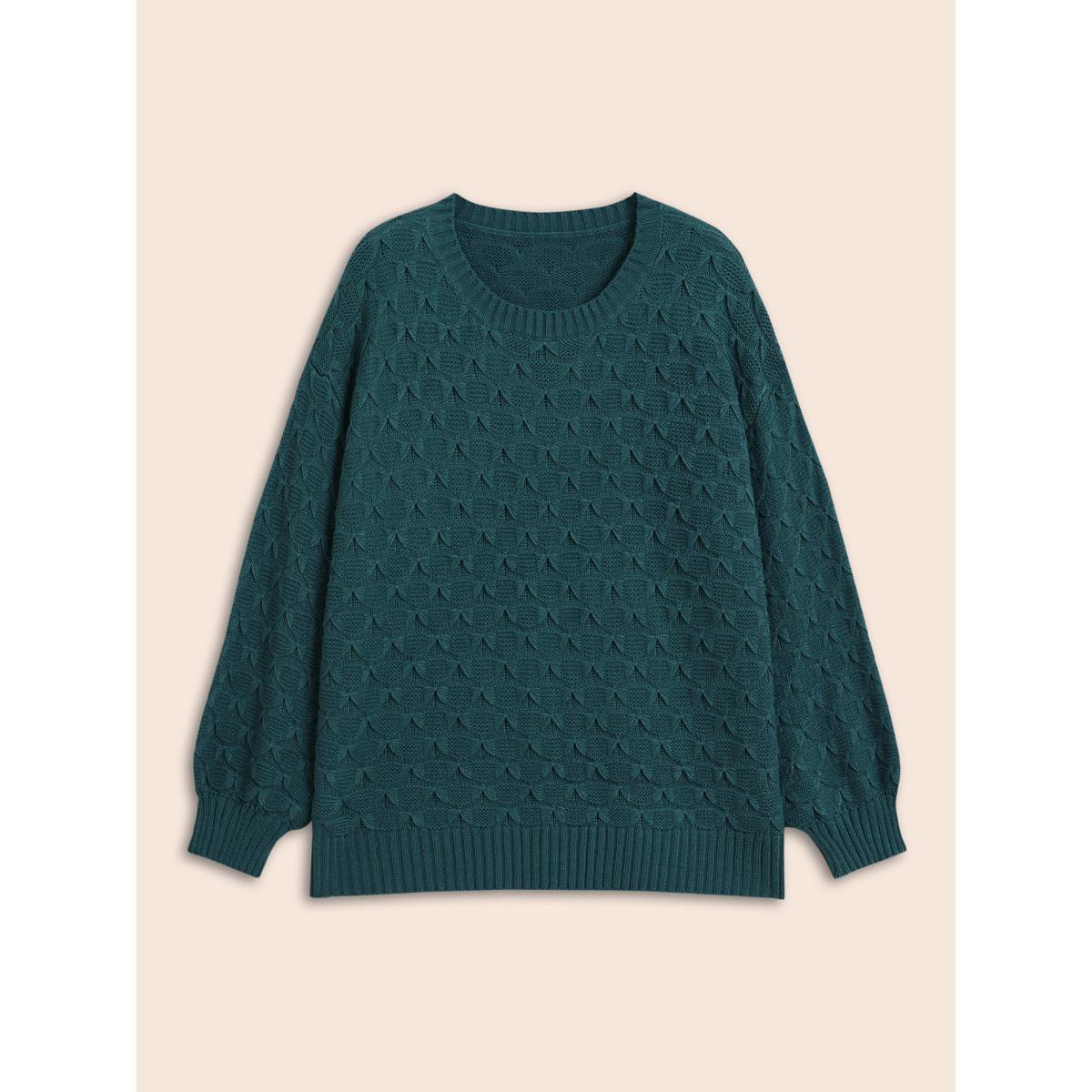 Plus Size Fish Scale Texture Drop Shoulder Pullover Cyan Women Casual Loose Long Sleeve Round Neck Everyday Pullovers BloomChic 28/5X Product Image