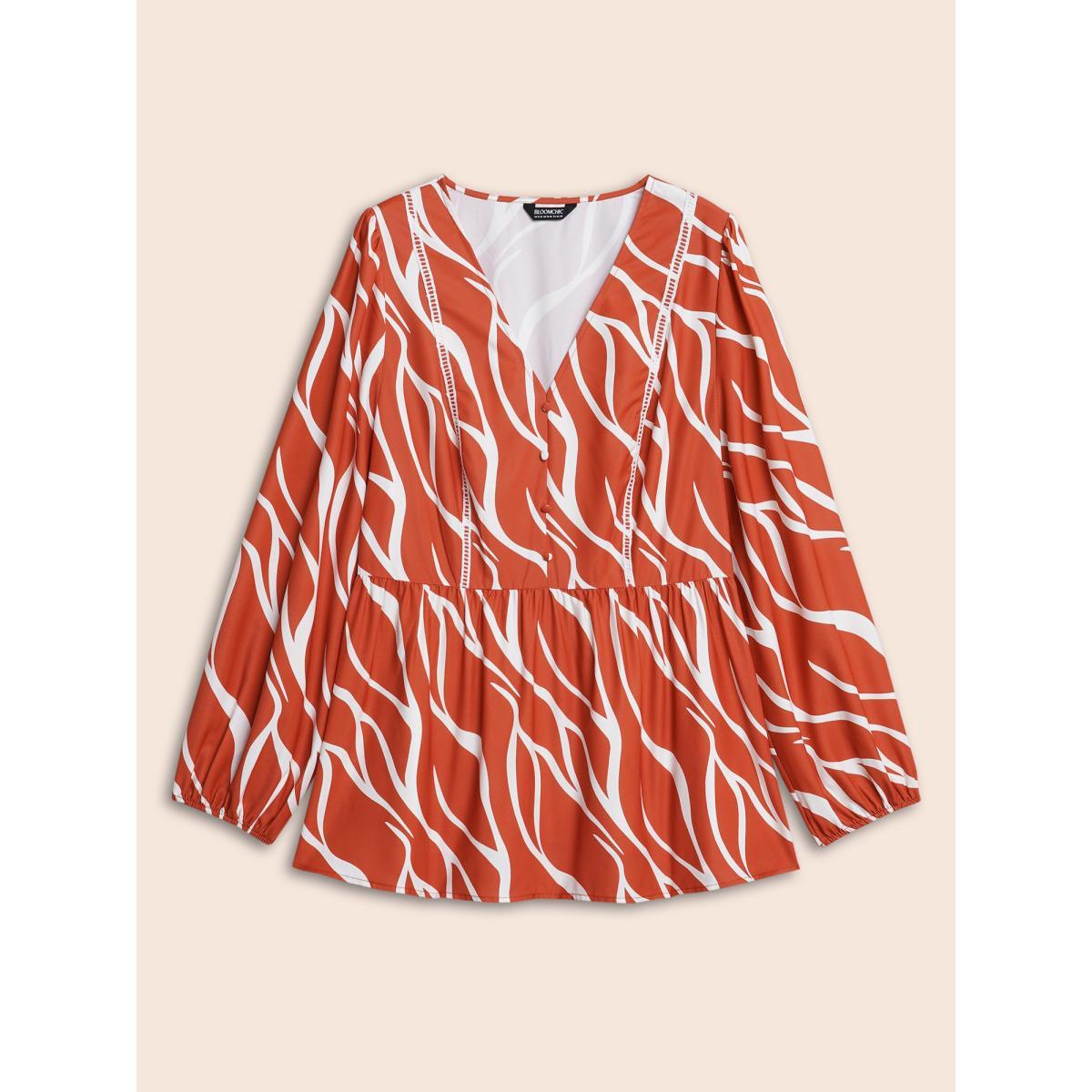 Plus Size OrangeRed Geometric Contrast Webbing Button Detail Blouse Women At the Office Long Sleeve V-neck Work Blouses BloomChic 18-20/2X Product Image