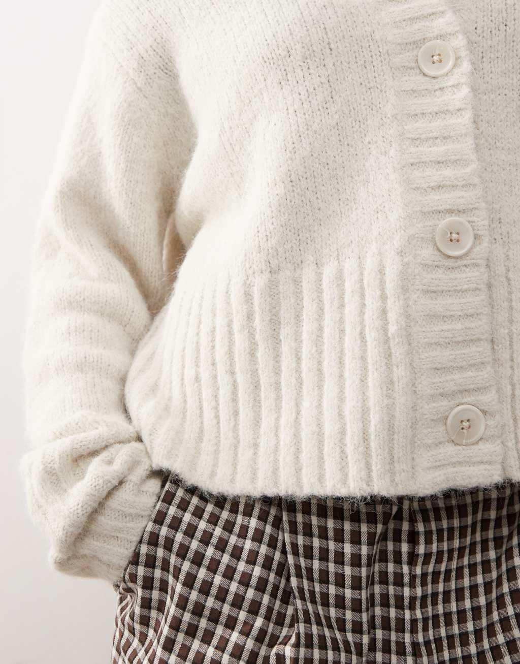COLLUSION fluffy textured crew neck cardigan in cream Product Image