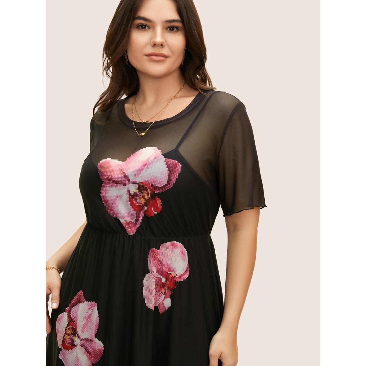 Plus Size Crew Neck Mesh Butterfly Orchid Midi Dress Black Women Elegant See through Round Neck Short sleeve Curvy BloomChic 14-16/1X Product Image