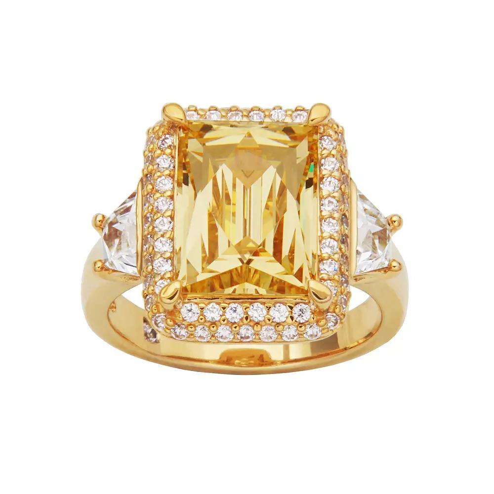 18k Gold Over Silver Tycoon Cut Canary Yellow Cubic Zirconia & White Cubic Zirconia Halo Ring, Womens Gold Tone Product Image