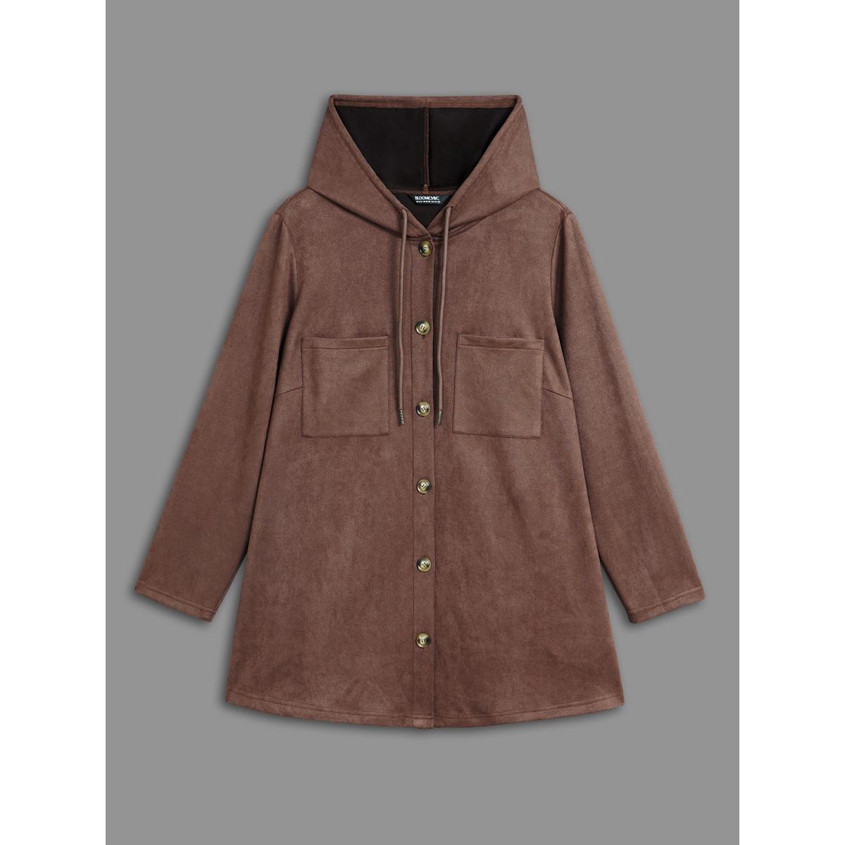 Plus Size Faux Suede Pocket Hooded Drawstring Jacket Women DarkBrown Drawstring Loose Side seam pocket Everyday Jackets BloomChic 26/4X Product Image