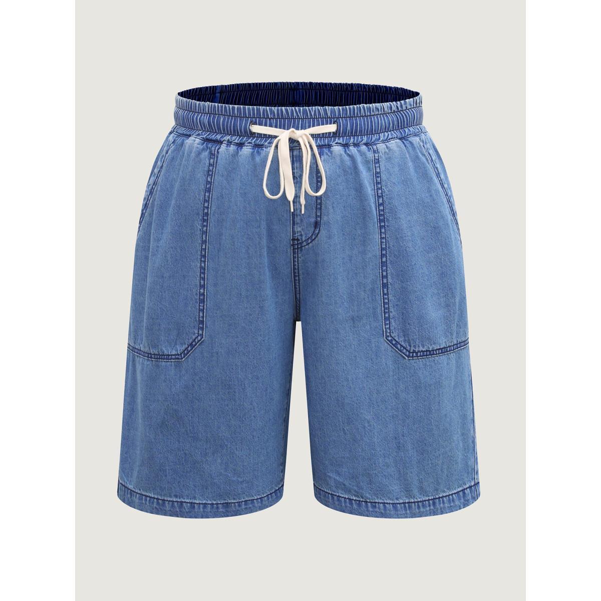 Plus Size Cotton Stretchy Waist Drawstrings Denim Shorts Women Midblue No stretch Everyday-Casual Slanted pocket Denim Shorts BloomChic 28/5X Product Image