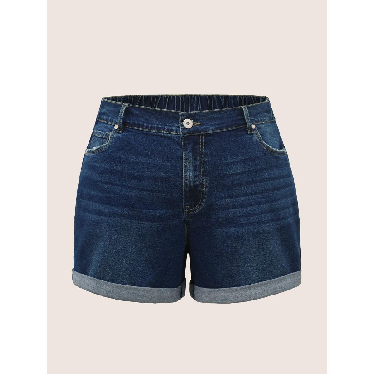 Plus Size Dark Wash Roll Hem Button Up Denim Shorts Women Denimblue Roll Hem High stretch Everyday Slanted pocket Casual Denim Shorts BloomChic 24/3X Product Image