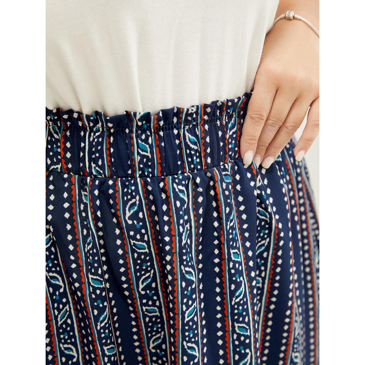 Plus Size Striped Print Pocket Paperbag Waist Skirt Women Indigo Vacation No stretch Pocket Dailywear Skirts BloomChic 12/L Product Image