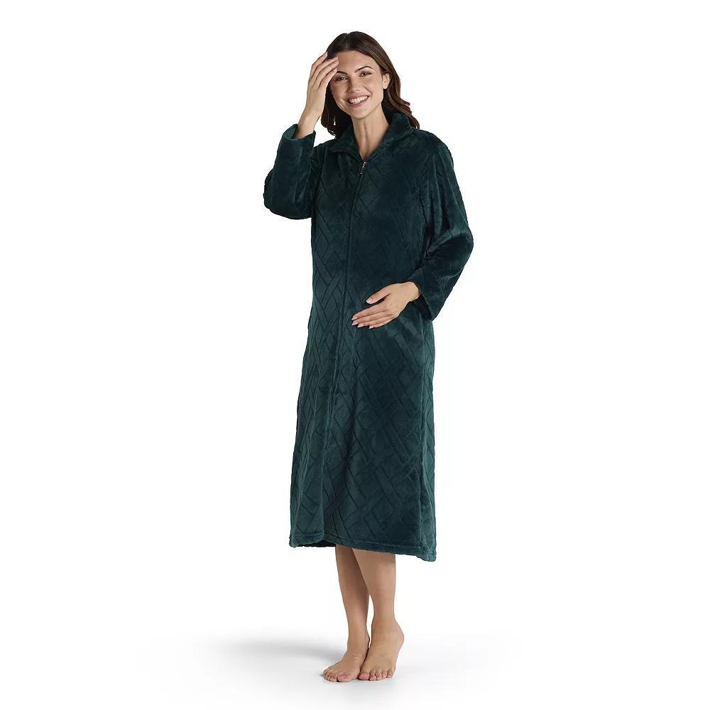 Petite Miss Elaine Essentials French Fleece Long Zip Robe, Women's, Size: Small Petite, Green Product Image