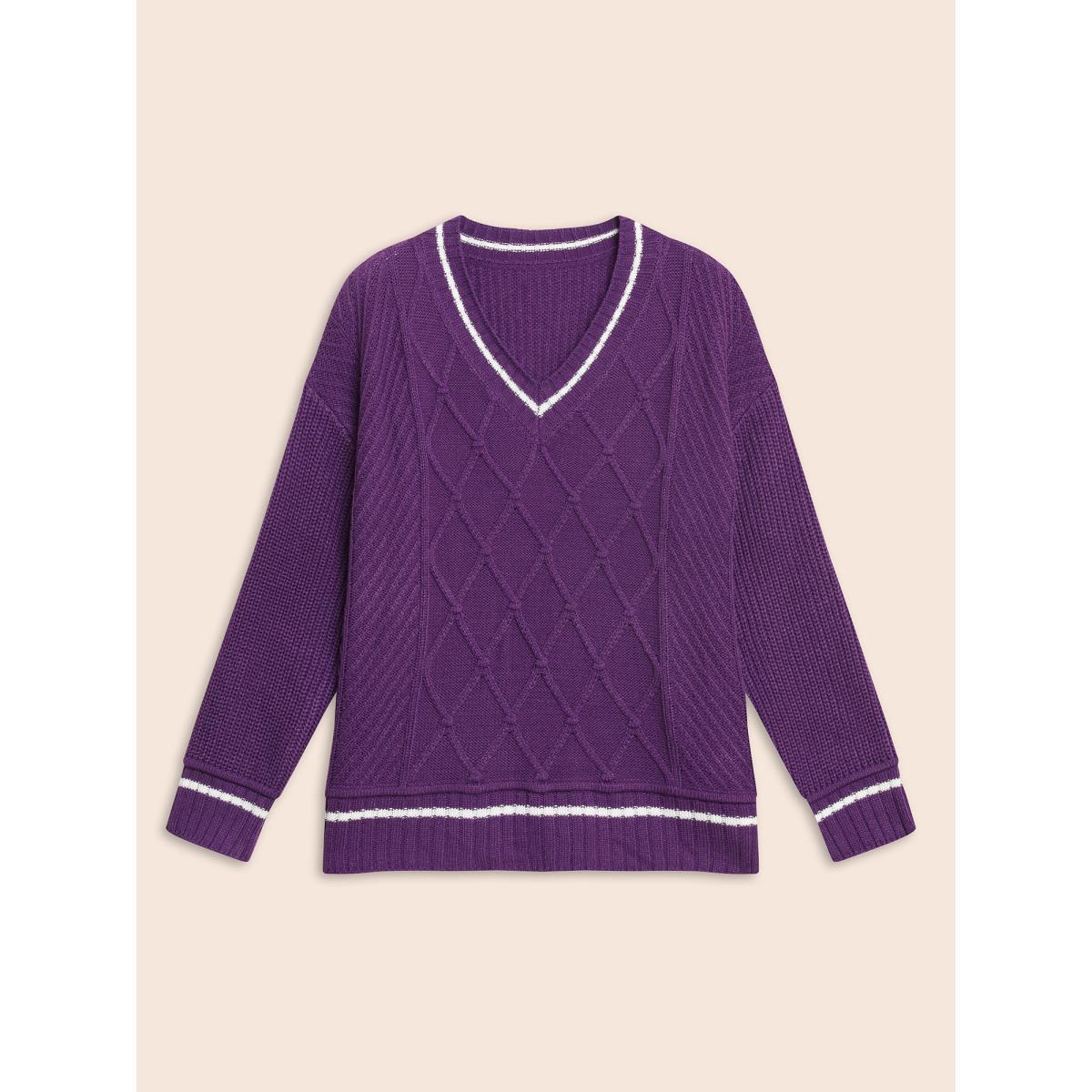 Plus Size Contrast Trim V Neck Texture Pullover DarkViolet Women Casual Loose Long Sleeve V-neck Everyday Pullovers BloomChic 18-20/2X Product Image