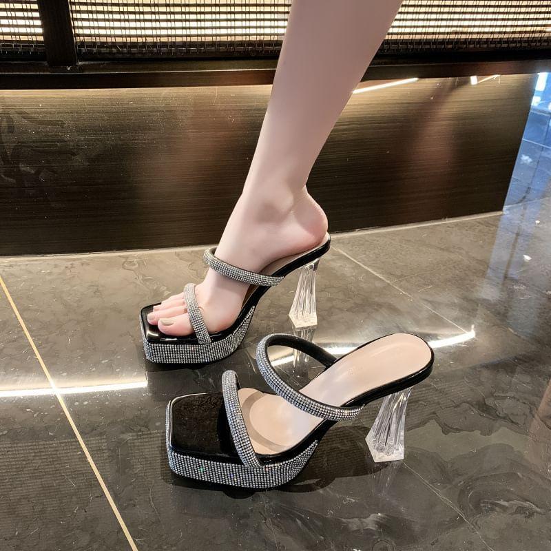 Square-Toe Rhinestone Trim Chunky Heel Slide Sandals Product Image