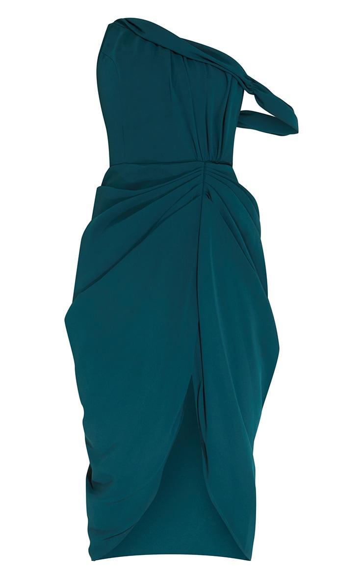 Emerald Green Chiffon Asymmetric Strap Draped Midi Dress Product Image