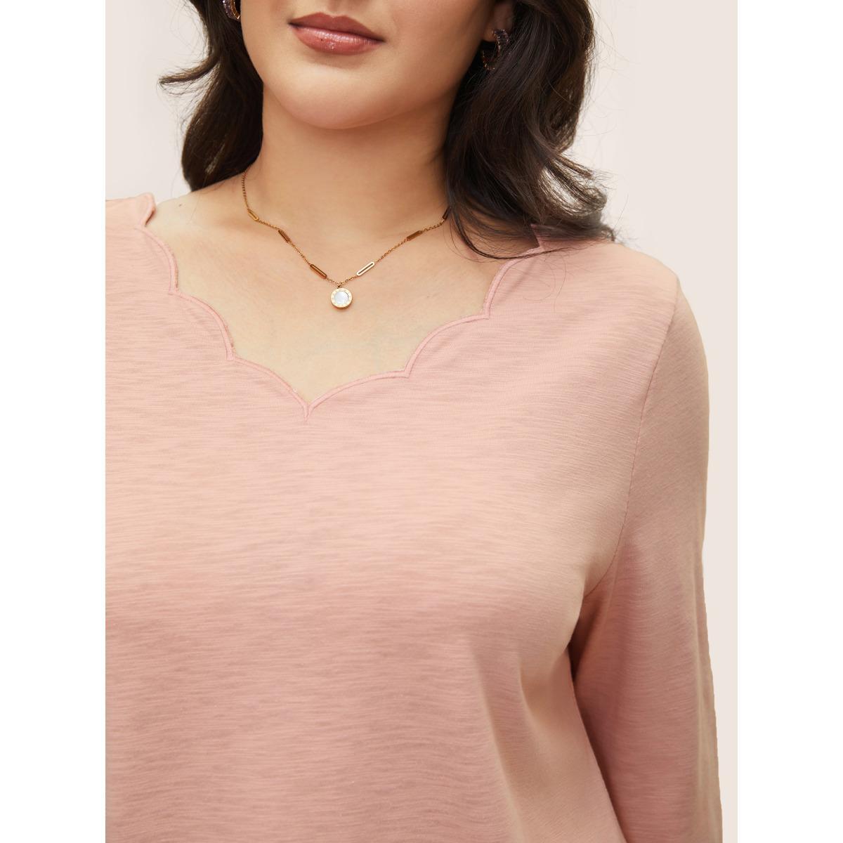 Plus Size Solid Heather Scalloped Trim T-shirt Pink Women Casual Plain Plain V-neck Everyday T-shirts BloomChic 28/5X Product Image