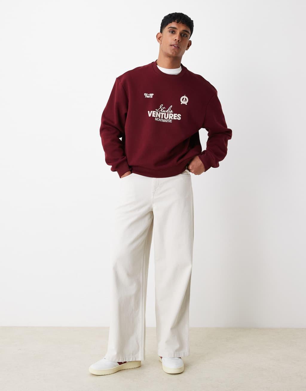 ASOS DESIGN oversized cropped sweatshirt in burgundy with chest print Product Image