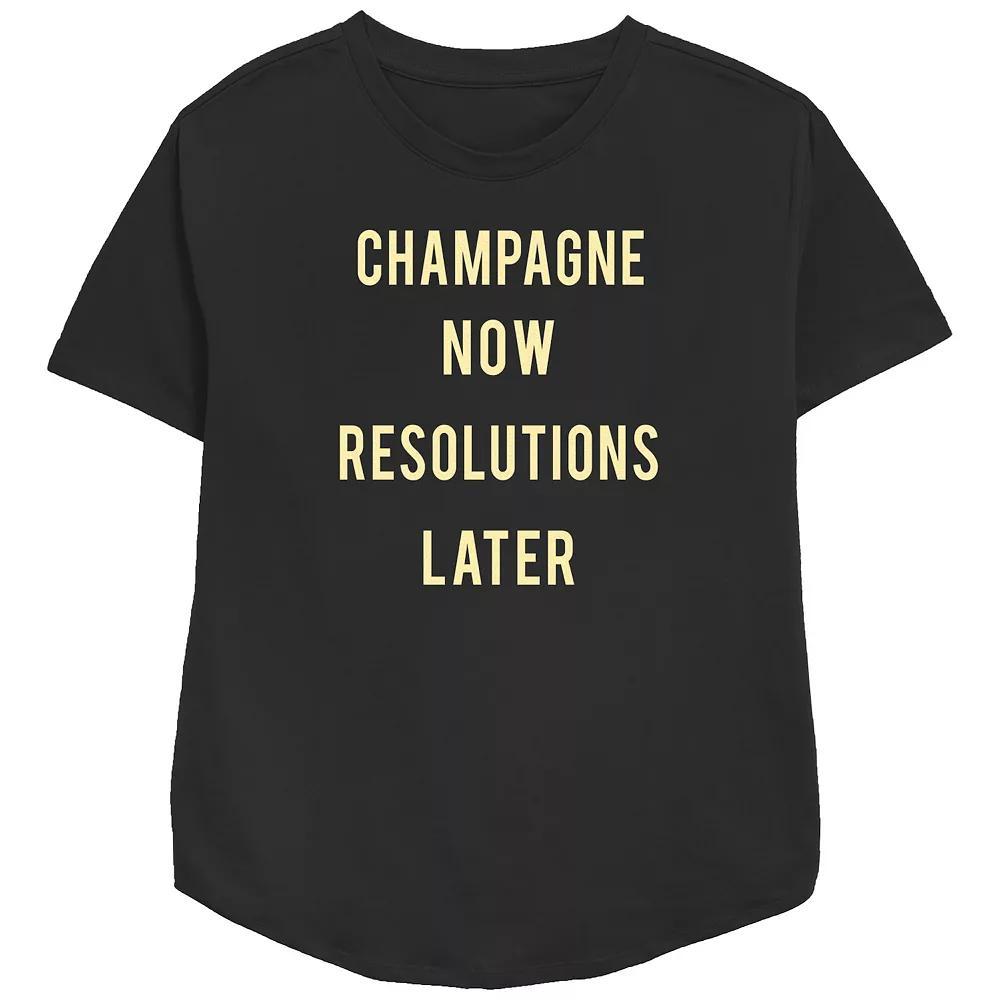 Women's Champagne Now Resolutions Later Relaxed Fit Graphic Tee, Size: Large, Black Product Image