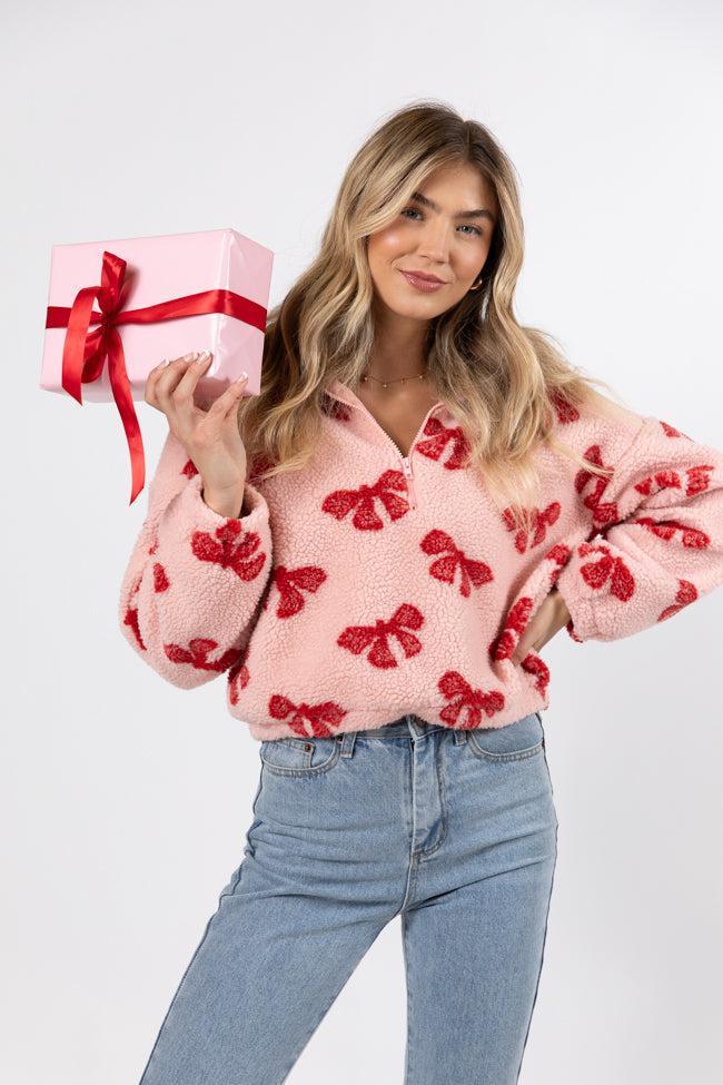 What Fun It Is Pink Bow Print Sherpa Pullover SALE Product Image