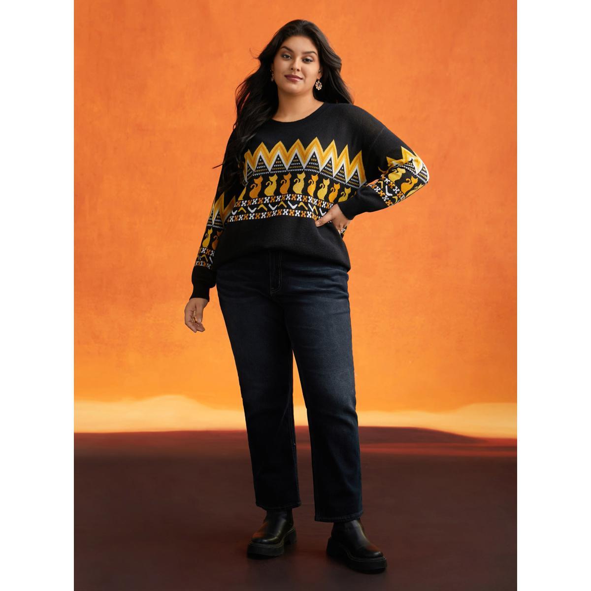 Plus Size Cat Printed Jacquard Fair Isle Pullover Black Women Casual Long Sleeve Round Neck Everyday Pullovers BloomChic 10/M Product Image
