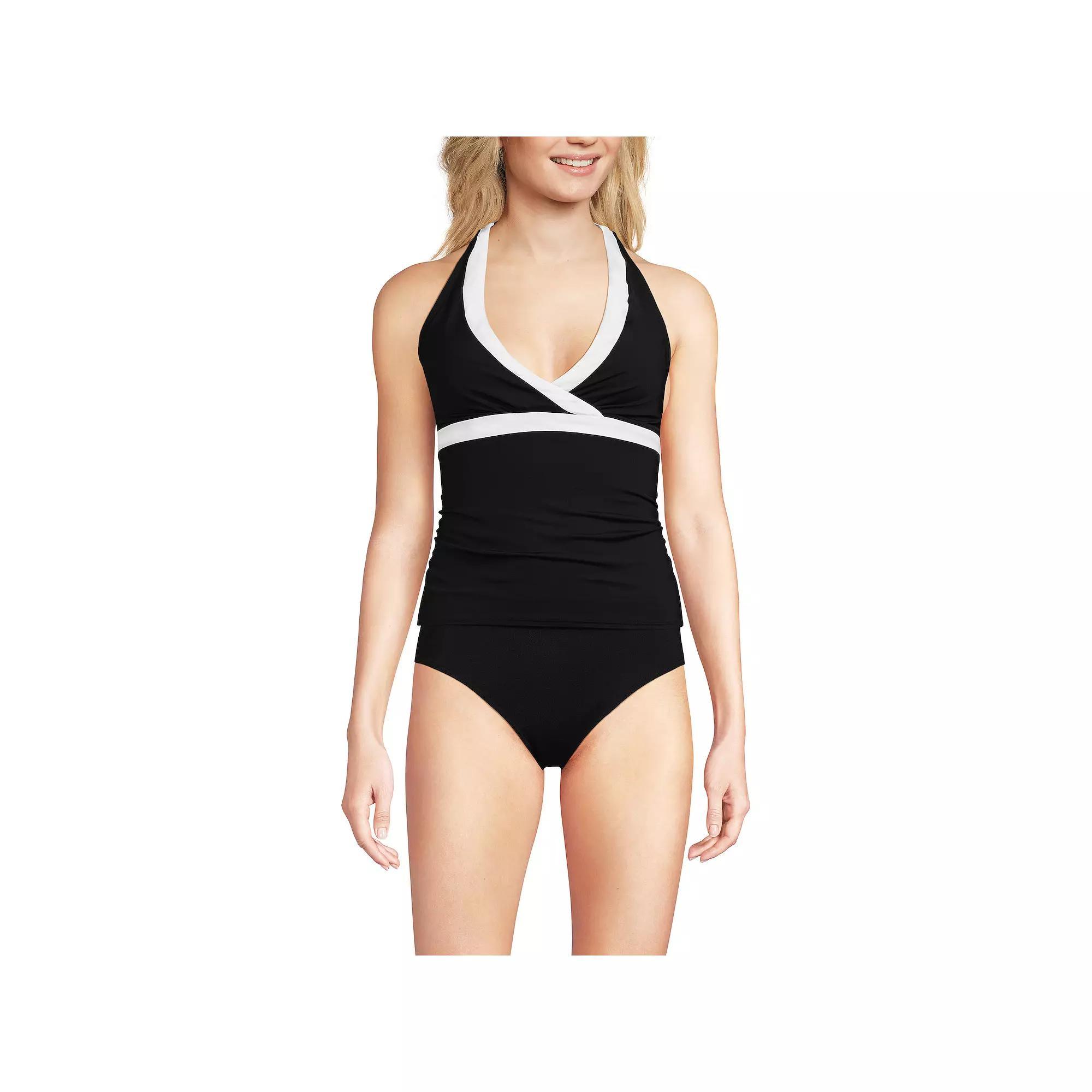 Women's Lands' End V-Neck Halter Tankini Top, Size: Medium, Black White Product Image