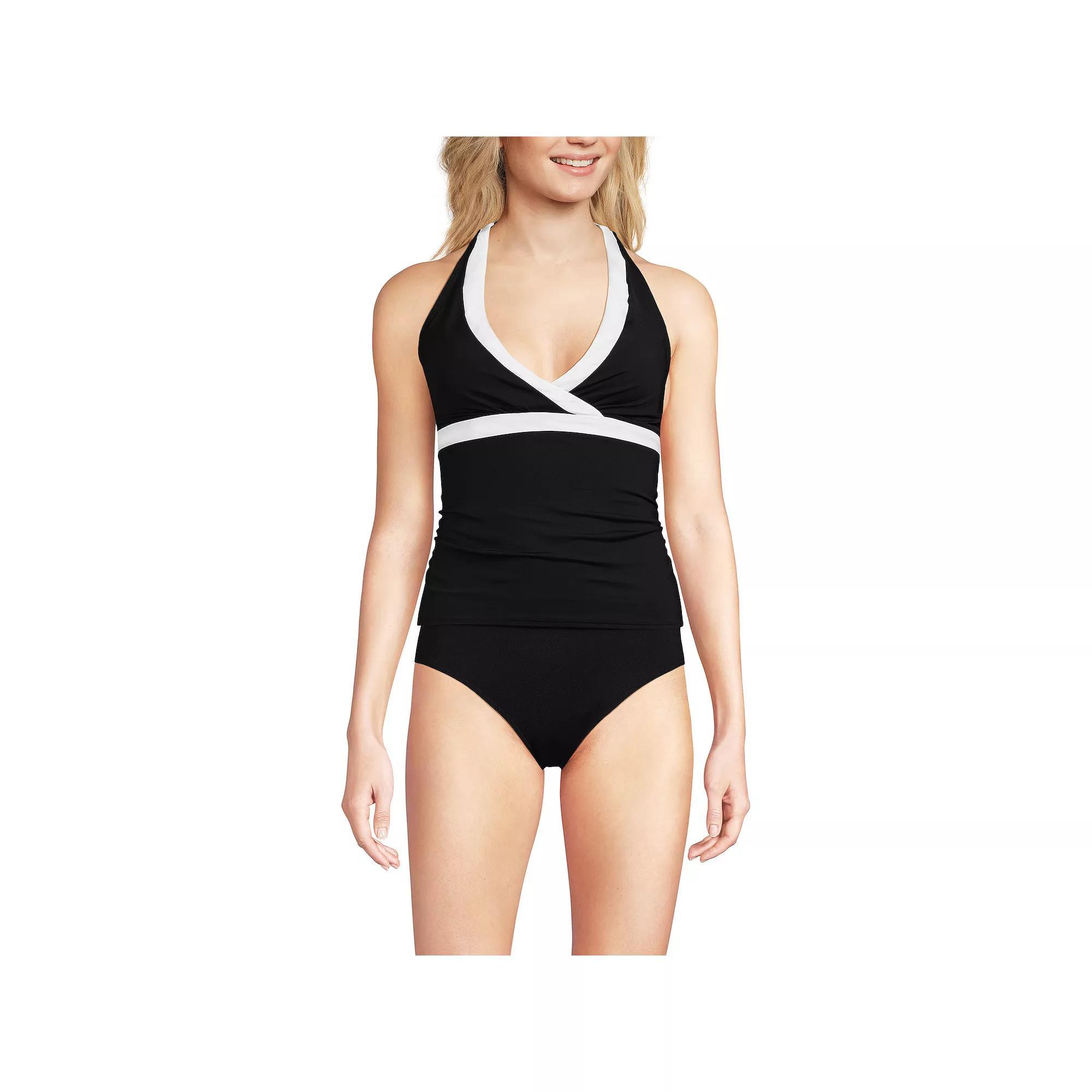 Women's Lands' End V-Neck Halter Tankini Top, Size: Medium, Black White Product Image
