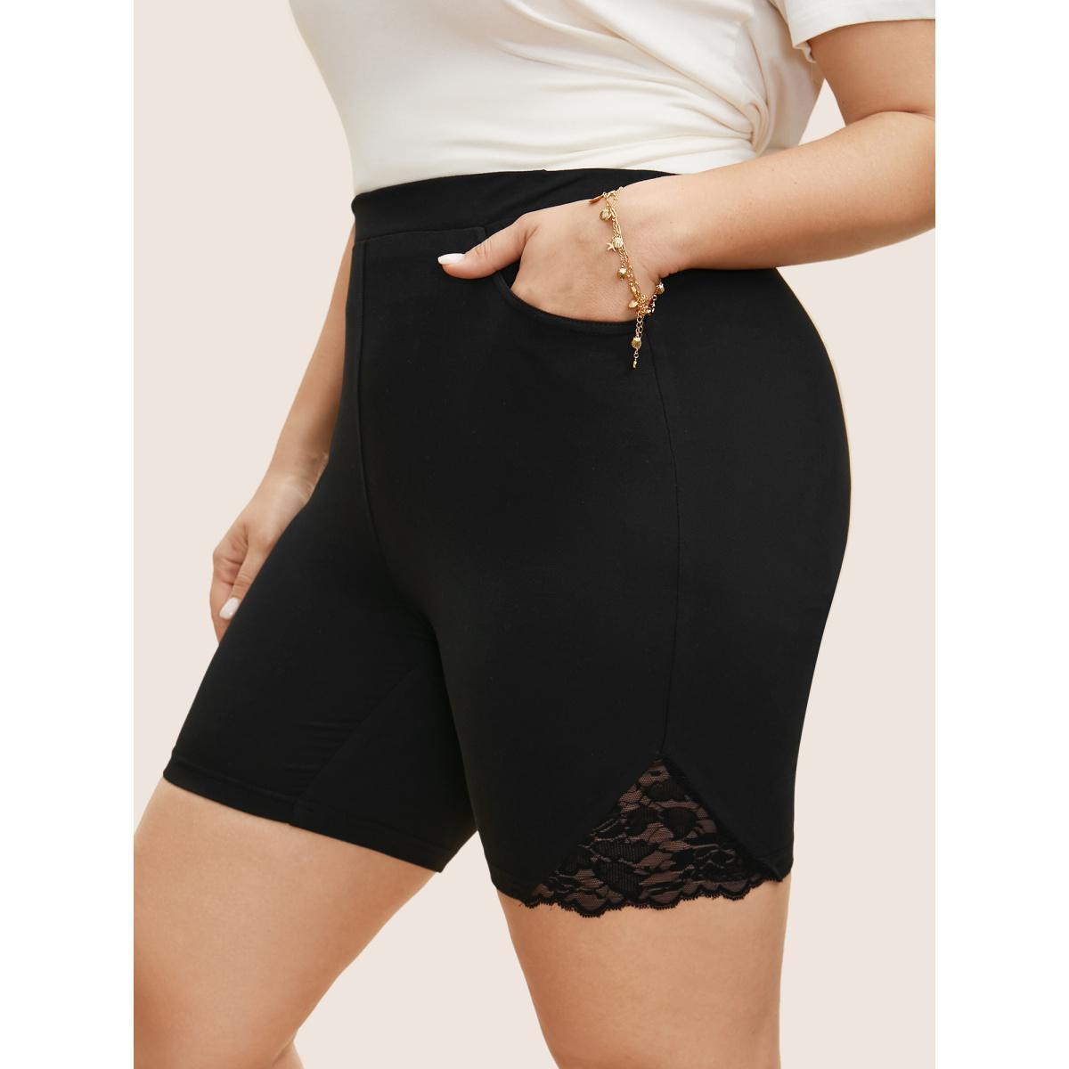 Plus Size Crochet Lace Mesh Mid Rise High Stretch Leggings Women Black Casual High stretch Skinny Mid Rise Everyday Leggings BloomChic 26/4X Product Image