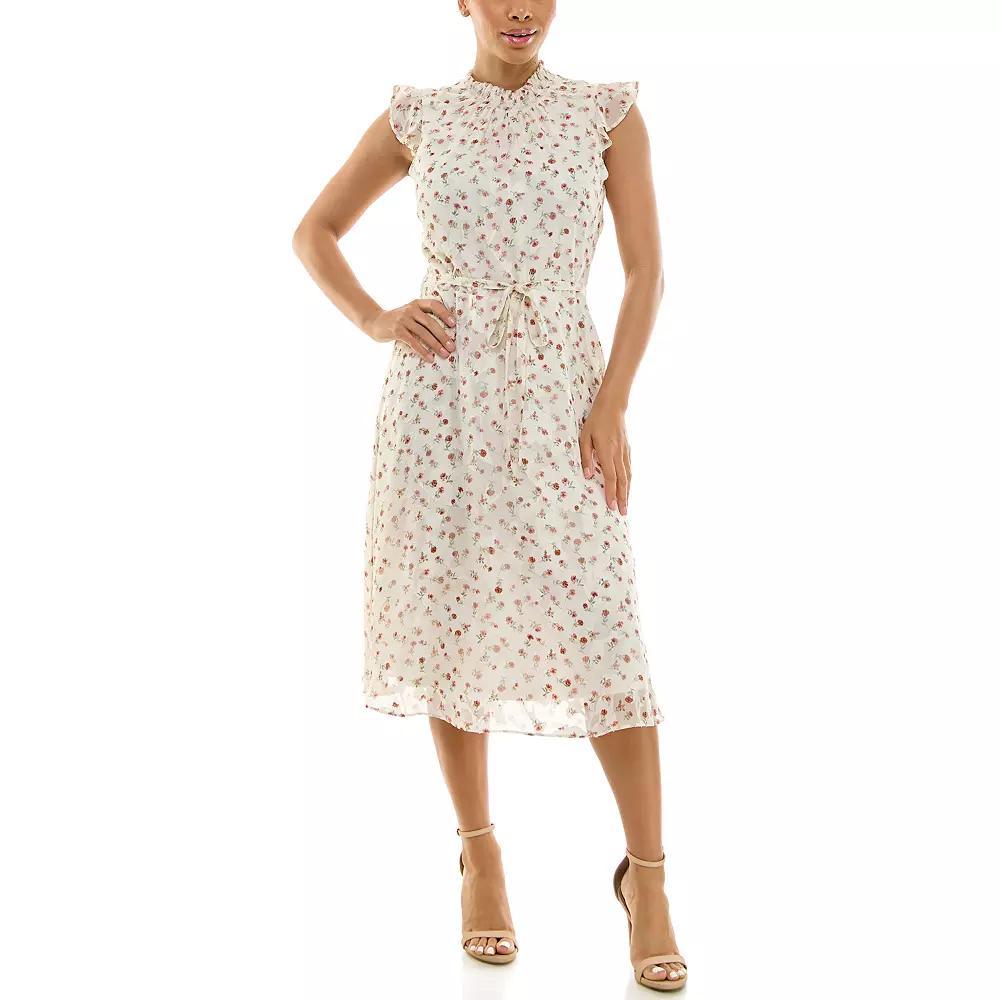 Women's Nina Leonard Smocked Flutter Sleeve Print Dress, Size: Large, Ivory Team Product Image