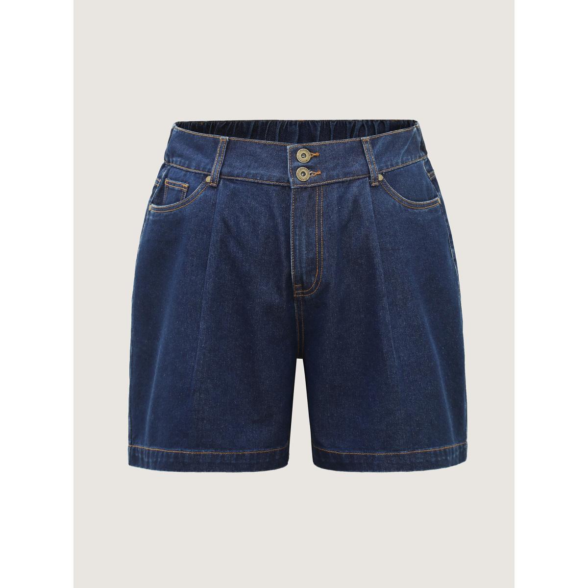 Plus Size Stretchy Waist Straight-Leg Denim Shorts Women Midblue No stretch Everyday-Casual Slanted pocket Casual Denim Shorts BloomChic 14/1X Product Image