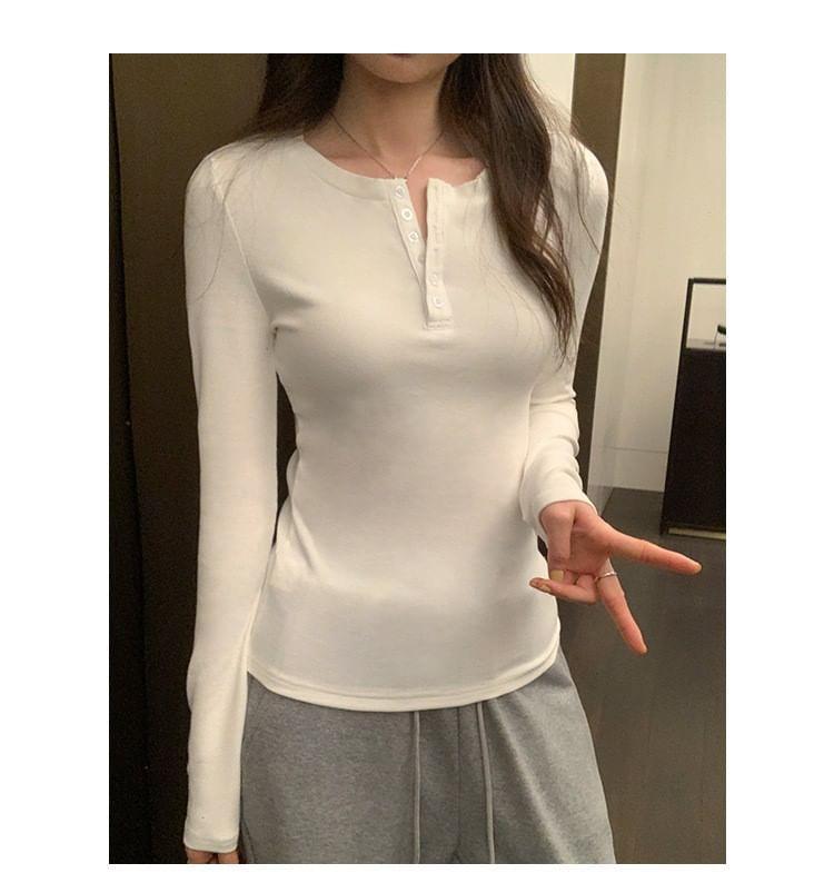 Long-Sleeve Half Buttoned Plain Top Product Image