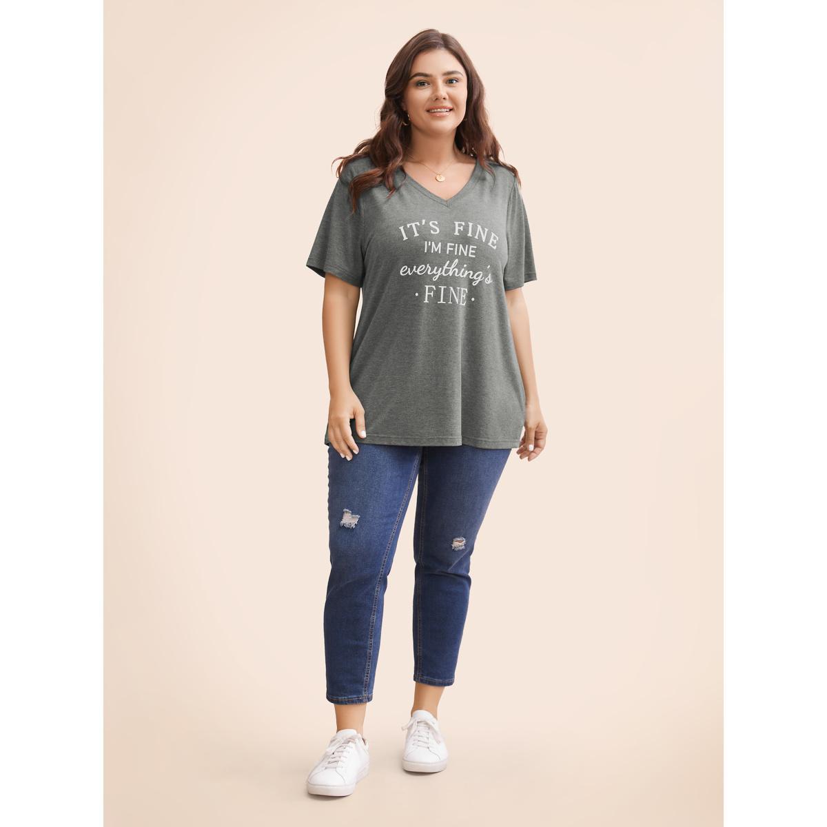 Plus Size Letter Print V Neck T-shirt DimGray Women Casual Positive slogan Dailywear T-shirts BloomChic 12/L Product Image