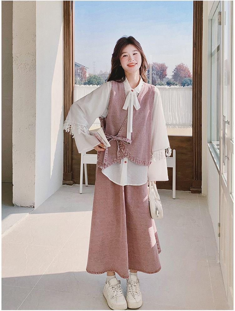 Set: Long Sleeve Collared Plain Bow Panel Blouse + V-Neck Washed Tie Front Wrap Denim Vest + High Rise Maxi A-Line Skirt Product Image