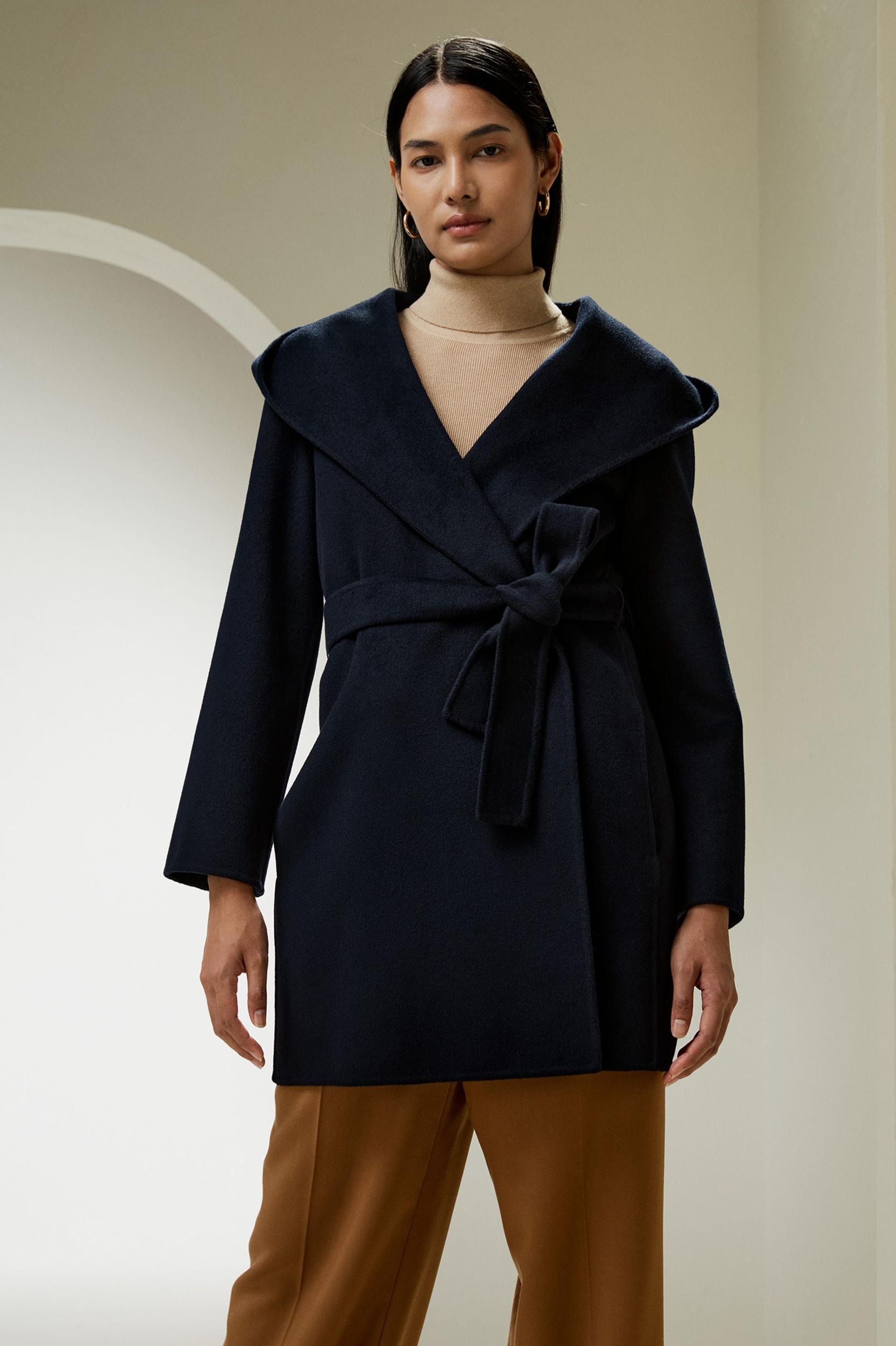Cashmere-Wool-Blend Belted Short Hooded Coat Product Image