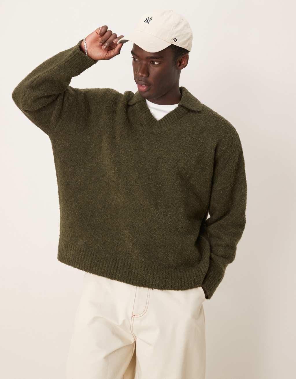 ASOS DESIGN oversized boxy fit textured knit notch neck sweater in olive Product Image