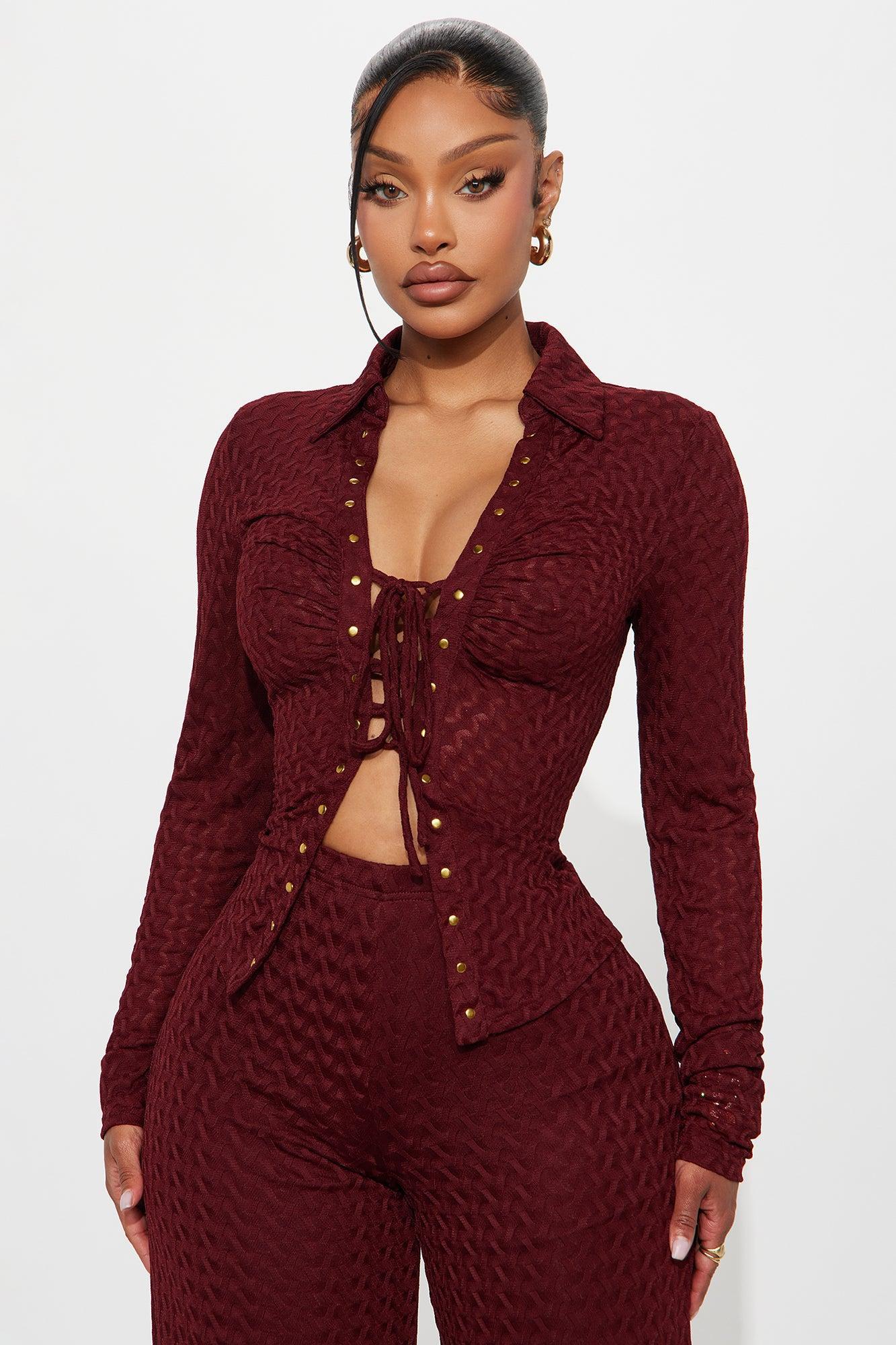 Taking It Back Textured Mesh Pant Set - Wine Product Image