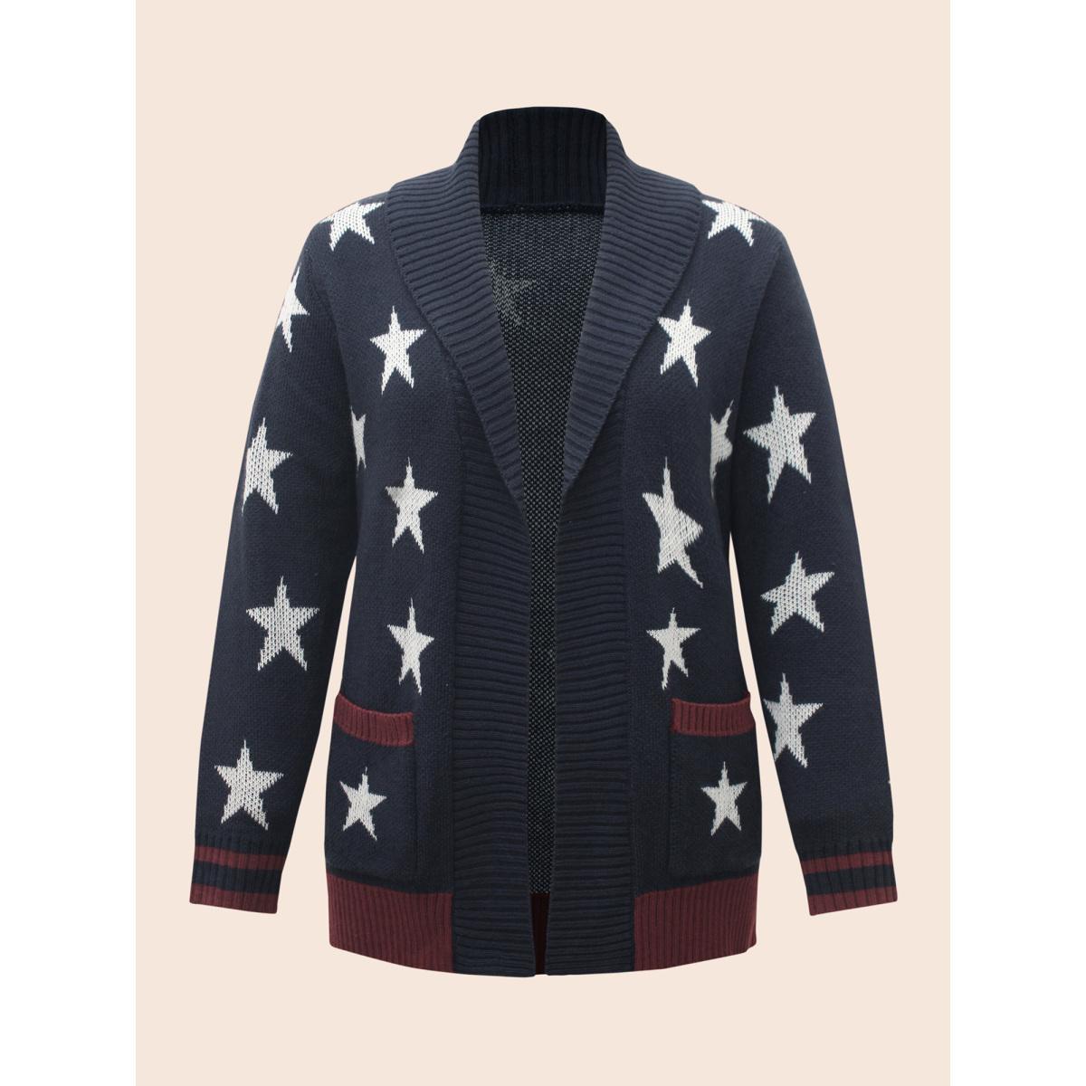 Plus Size Star Contrast Patched Pocket Cardigan Indigo Women Casual Loose Long Sleeve Everyday Cardigans BloomChic 30/6X Product Image