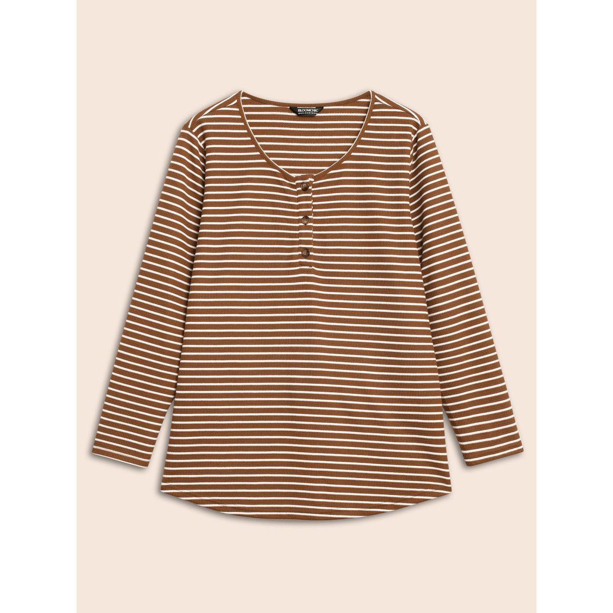 Plus Size Striped Textured Button Up T-shirt Browncoffeecolor Women Casual Button Round Neck Everyday T-shirts BloomChic 30/6X Product Image