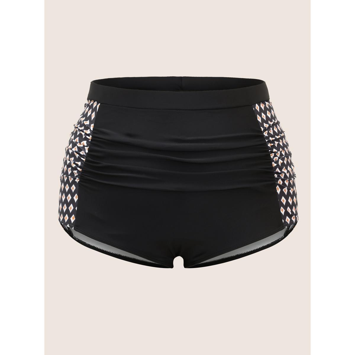 Plus Size Geometric Patchwork Ruched High Rise Swim Bottom Women's Swimwear Black Beach Gathered High stretch Skinny High Rise Curve Swim Bottoms BloomChic 28/5X Product Image