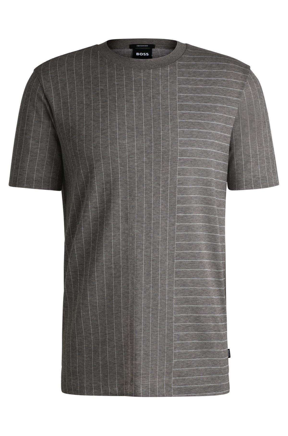 BOSS - Mercerized-cotton T-shirt with mixed stripes - Grey Product Image