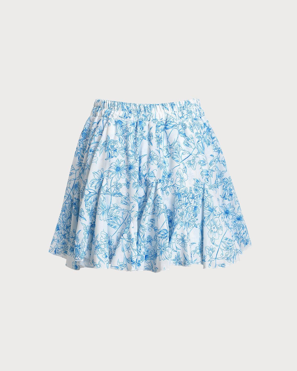 Blue Floral Elastic Waist Mini Skirt Product Image